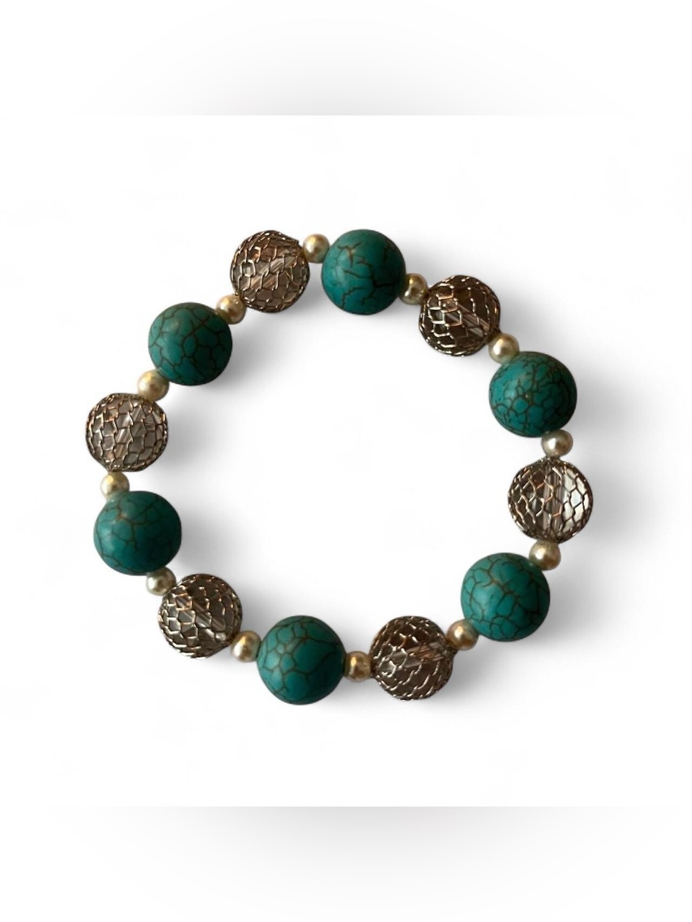 Turquoise Stone & Gold Mesh Bead Stretch Bracelet